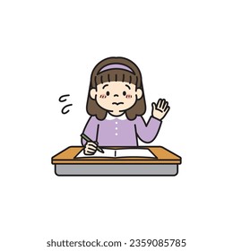 Illustration of shy girl raising her hand in class