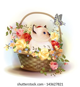 Illustration of  the siamese kitten sitting in a basket with roses.