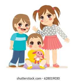 Illustration of siblings family with small baby middle brother boy and big sister