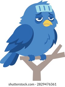 Illustration of a sick blue bird looking miserable with a cooling patch on forehead sitting on a tree branch. Concept of illness, flu, and health care for pets.