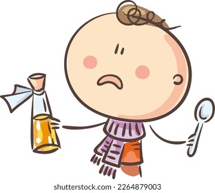 Ilustración de un niño enfermo tomando medicación. Caricatura Doodle niño vector clipart. Aislado sobre fondo blanco.