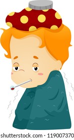 Illustration of a Sick Boy Wrapped in a Blanket and with a Compress on His Head