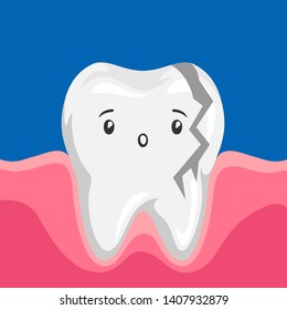 Illustration of sick broken tooth. Children dentistry sad character. Kawaii facial expression.