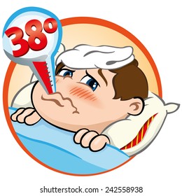 Illustration Is A Sick Child In Bed With Symptoms Of Fever And Thermometer In His Mouth