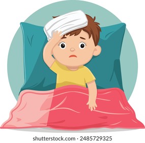 Illustration of sick child with fever lying in bed, holding cold compress on forehead, highlighting pediatric illness care and recovery