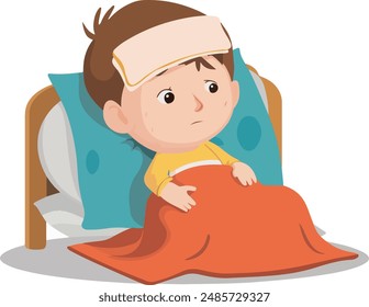 Illustration of sick child with fever lying in bed, holding cold compress on forehead, highlighting pediatric illness care and recovery