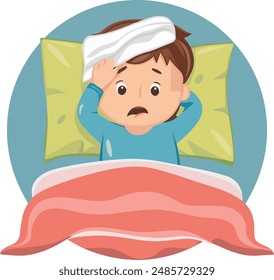 Illustration of sick child with fever lying in bed, holding cold compress on forehead, highlighting pediatric illness care and recovery