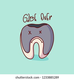 Illustration of a sick decayed tooth and holes. Ideal for catalogs, informative and institutional material. Game over. Tooth with caries icon. Caries tooth. Illustration for children dentistry. 