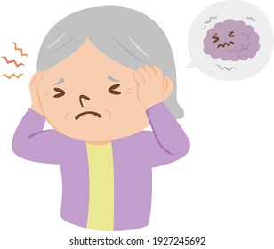 Illustration of a sick elderly person. An elderly woman with a headache.