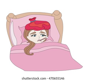 Illustration of a Sick Girl lying in bed