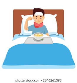 Illustration of a Sick Kid Boy Eating a Bowl of Food in Bed. Flat vector illustration isolated on white background