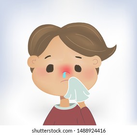 Illustration of a Sick Kid Boy Holding handkerchief or napkin to His Runny Nose. Coryza desease symptoms. Medical concept of baby care. Vector cartoon