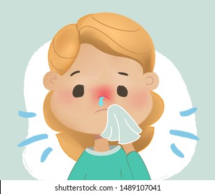 Illustration of a Sick Kid Boy Holding handkerchief or napkin to His Runny Nose. Coryza desease symptoms. Medical concept of baby care. Vector cartoon