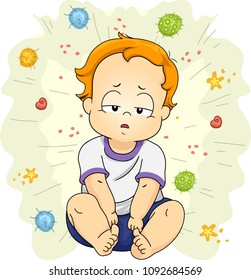 Illustration Of A Sick Kid Boy Toddler Sitting Down Surrounded By Different Bacteria Or Virus