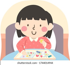 Illustration of a Sick Kid Girl Doing Art Craft on a Tray in Bed
