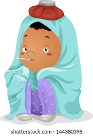 Illustration of a Sick Little Kid Boy Wrapped in Blanket with Thermometer on Mouth and Ice Bag on Head