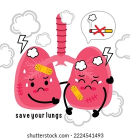 illustration of sick lungs with harmful cigarettes smoke funny cartoon