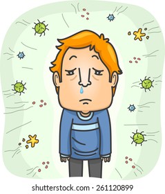 Illustration of a Sick Man Being Attacked by Viruses 