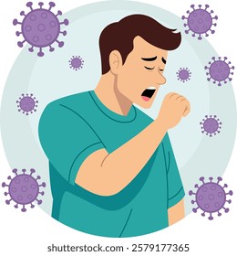 Illustration of a sick man. His facial expression shows discomfort. Around him are floating virus particles, which indicates illness or infection.