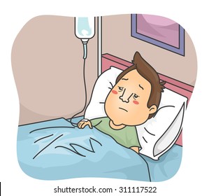 Illustration of a Sick Man Hooked to an IV Drip