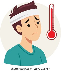 Illustration of a sick man who looks exhausted and has a high fever, with a red thermometer icon next to him.