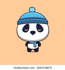 illustration of a sick panda wearing a scarf and beanie vector design