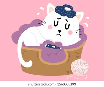 Illustration of a Sick Pet Cat In Bed with Ice Pack on Head and Thermometer Beside It