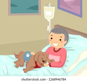 Illustration of a Sick Senior Man in the Hospital with a Service Dog