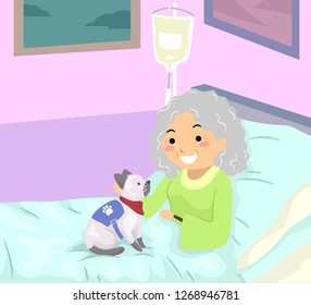 Illustration of a Sick Senior Woman in the Hospital with a Cat on Her Bed