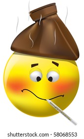 illustration of sick smiley measuring temperature on a white background
