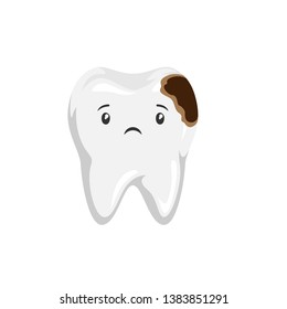 Illustration of sick tooth with caries. Children dentistry sad character. Kawaii facial expression.