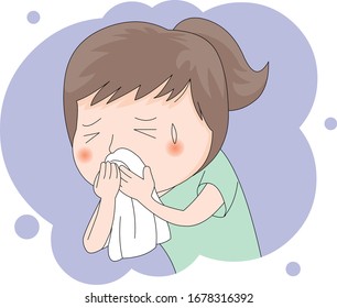 Illustration of a sick woman covering mouth with a handkerchief.