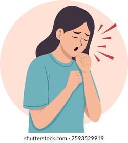 Illustration of a sick woman. Her facial expression shows discomfort. She coughs or sneezes violently, indicating illness or infection.