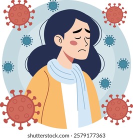 Illustration of a sick women. His facial expression shows discomfort. Around him are floating virus particles, which indicates illness or infection.