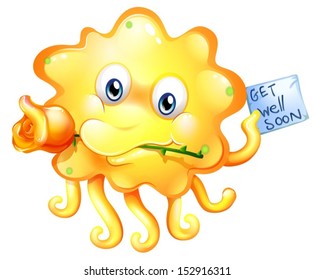Illustration of a sick yellow monster holding a get-well-soon card on a white background