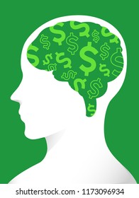 Illustration einer Seitenansicht eines Menschen mit Dollar-Zeichen auf seinem Gehirn