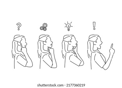 Illustration of Side view sequence of a woman thoughtful, thinking, finding solution with gear mechanism
