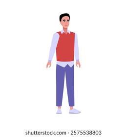 Illustration of sideways character. Man standing in a row in casual office attire. Flat style illustration