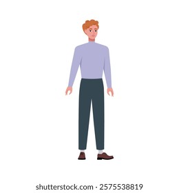 Illustration of sideways character. Man standing in a row in casual office attire. Flat style illustration