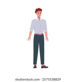 Illustration of sideways character. Man standing in a row in casual office attire. Flat style illustration