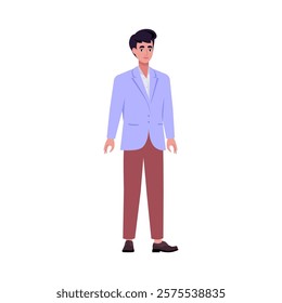 Illustration of sideways character. Man standing in a row in casual office attire. Flat style illustration