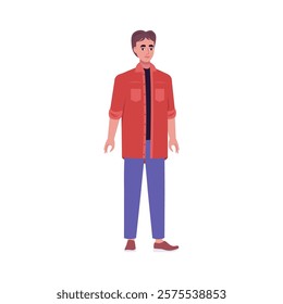 Illustration of sideways character. Man standing in a row in casual office attire. Flat style illustration