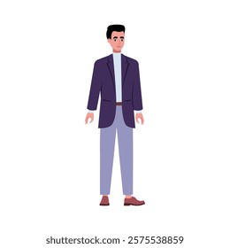 Illustration of sideways character. Man standing in a row in casual office attire. Flat style illustration