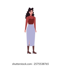 Illustration of sideways character. Woman standing in a row in casual office attire. Flat style illustration