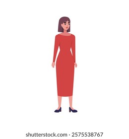 Illustration of sideways character. Woman standing in a row in casual office attire. Flat style illustration