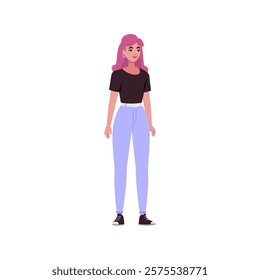 Illustration of sideways character. Woman standing in a row in casual office attire. Flat style illustration