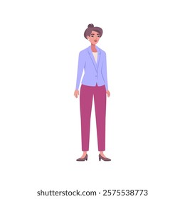 Illustration of sideways character. Woman standing in a row in casual office attire. Flat style illustration