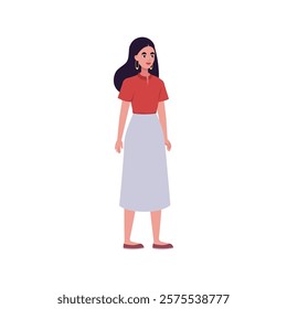 Illustration of sideways character. Woman standing in a row in casual office attire. Flat style illustration