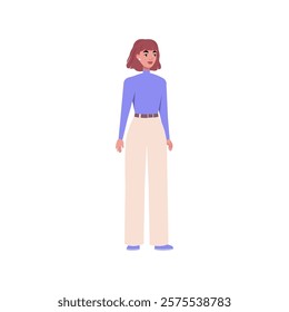 Illustration of sideways character. Woman standing in a row in casual office attire. Flat style illustration