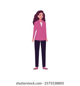 Illustration of sideways character. Woman standing in a row in casual office attire. Flat style illustration